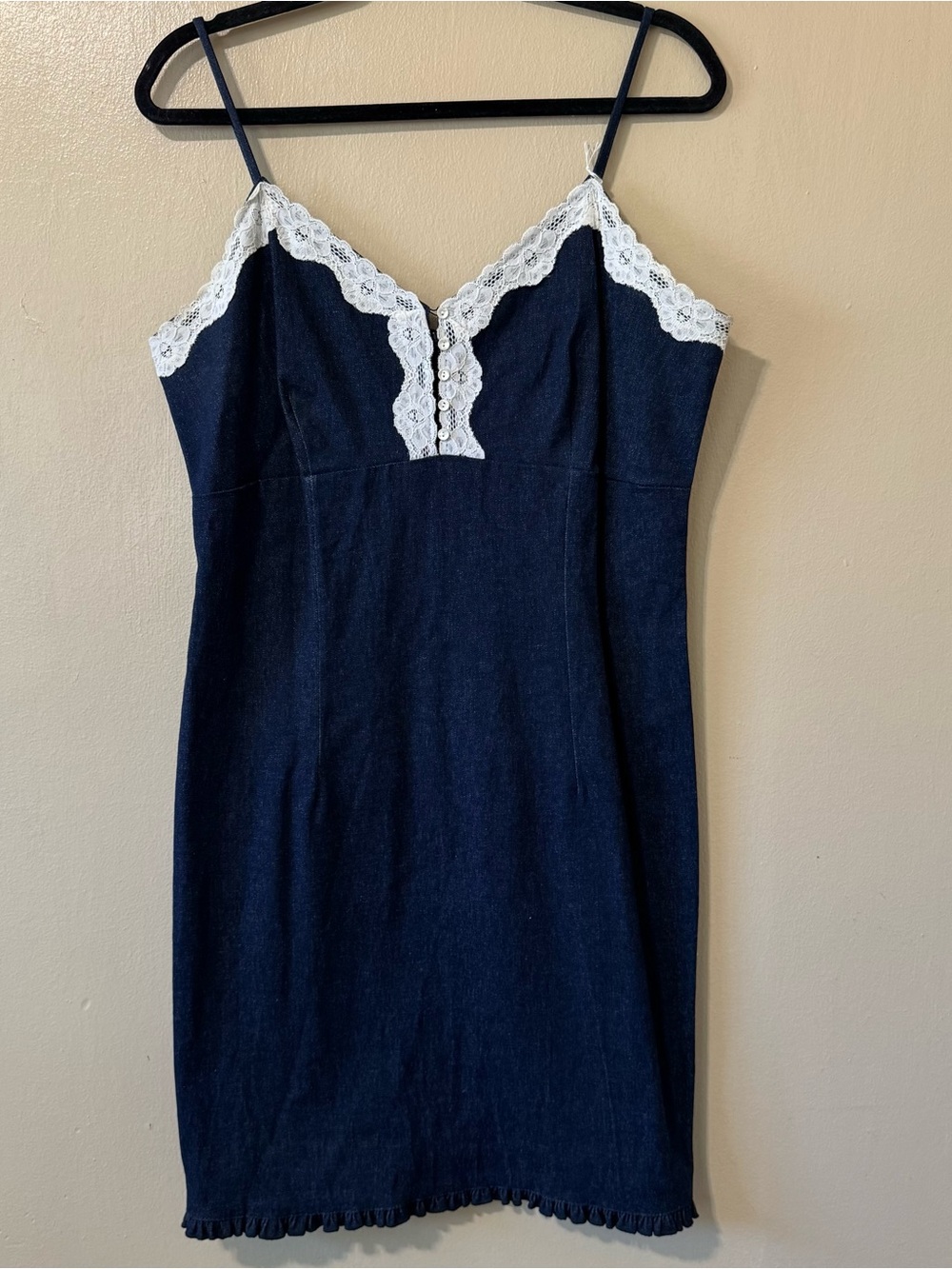 Fashion Bug Navy Denim Dress with White Lace Trim